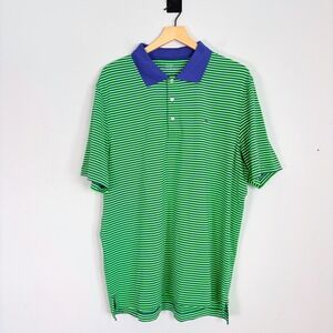Vineyard Vines Polo Shirt Mens Large Green‎ Blue Striped Short Sleeve Polyester